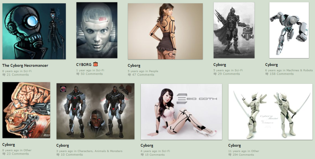 Some of DeviantArt's "Popular All Time" search results for the term "cyborg".