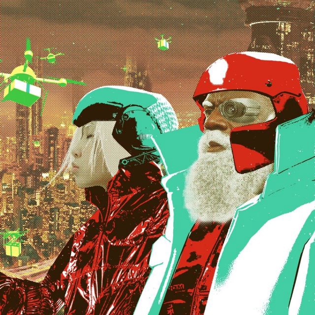 “Santa and Ms. Claus deploy a swarm of Reindrones bearing gifts for a future metropolis.” Courtesy of Sediment Press.
